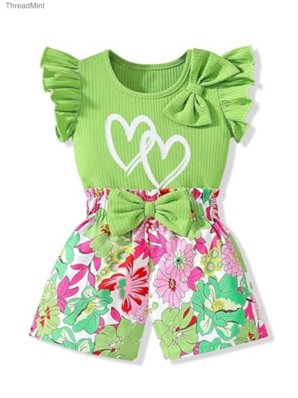 Toddler Girls Ruffle Sleeve Top & Floral Shorts Set Casual Summer Polyester